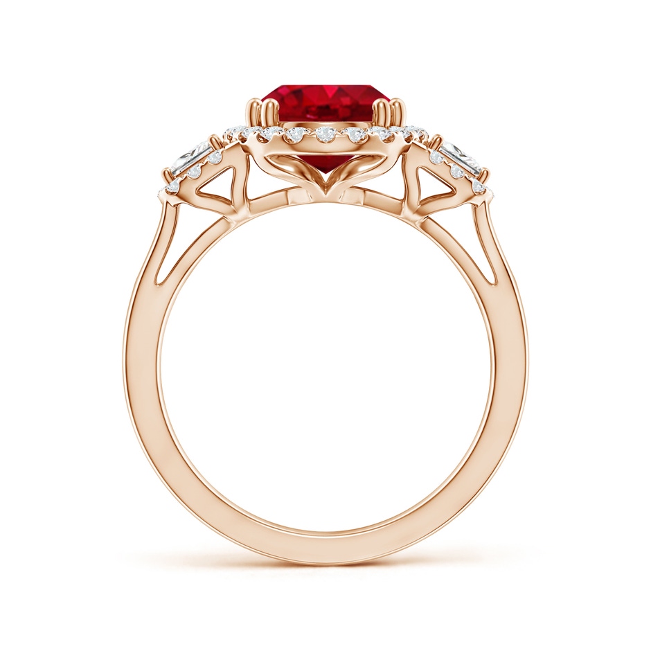 10x8mm AAA Three Stone Oval Ruby and Trapezoid Diamond Halo Engagement Ring in Rose Gold side 199