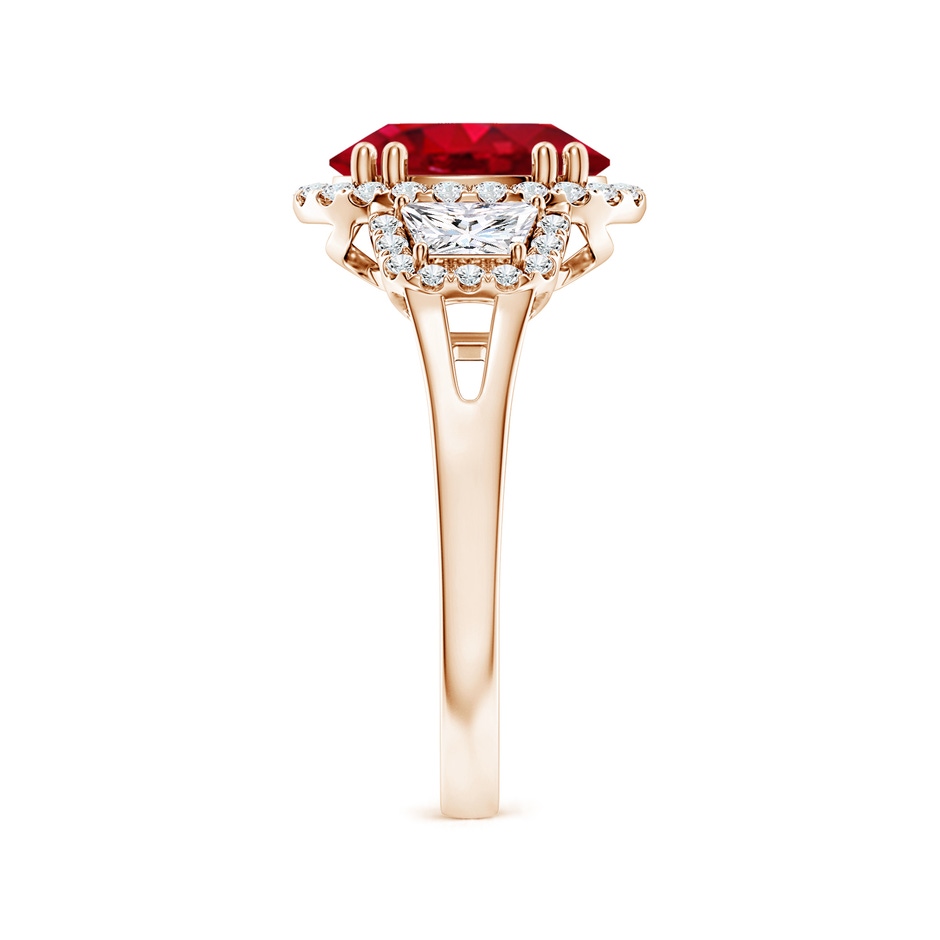10x8mm AAA Three Stone Oval Ruby and Trapezoid Diamond Halo Engagement Ring in Rose Gold side 299