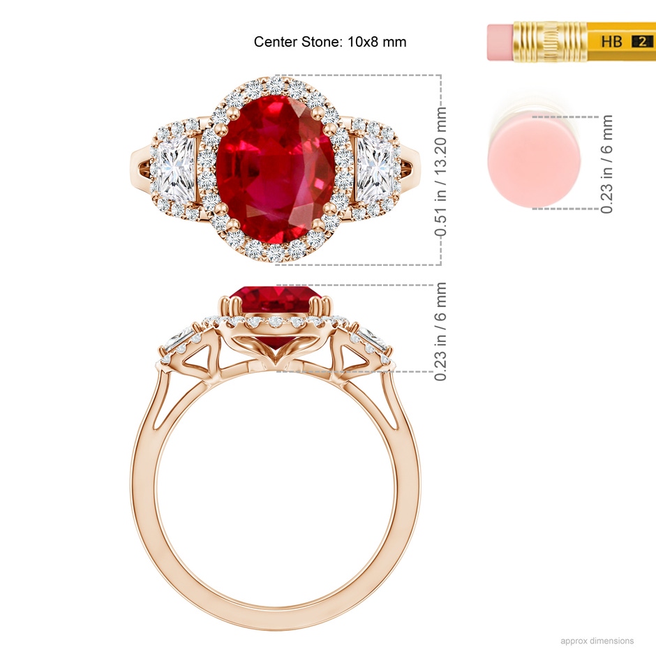 10x8mm AAA Three Stone Oval Ruby and Trapezoid Diamond Halo Engagement Ring in Rose Gold ruler