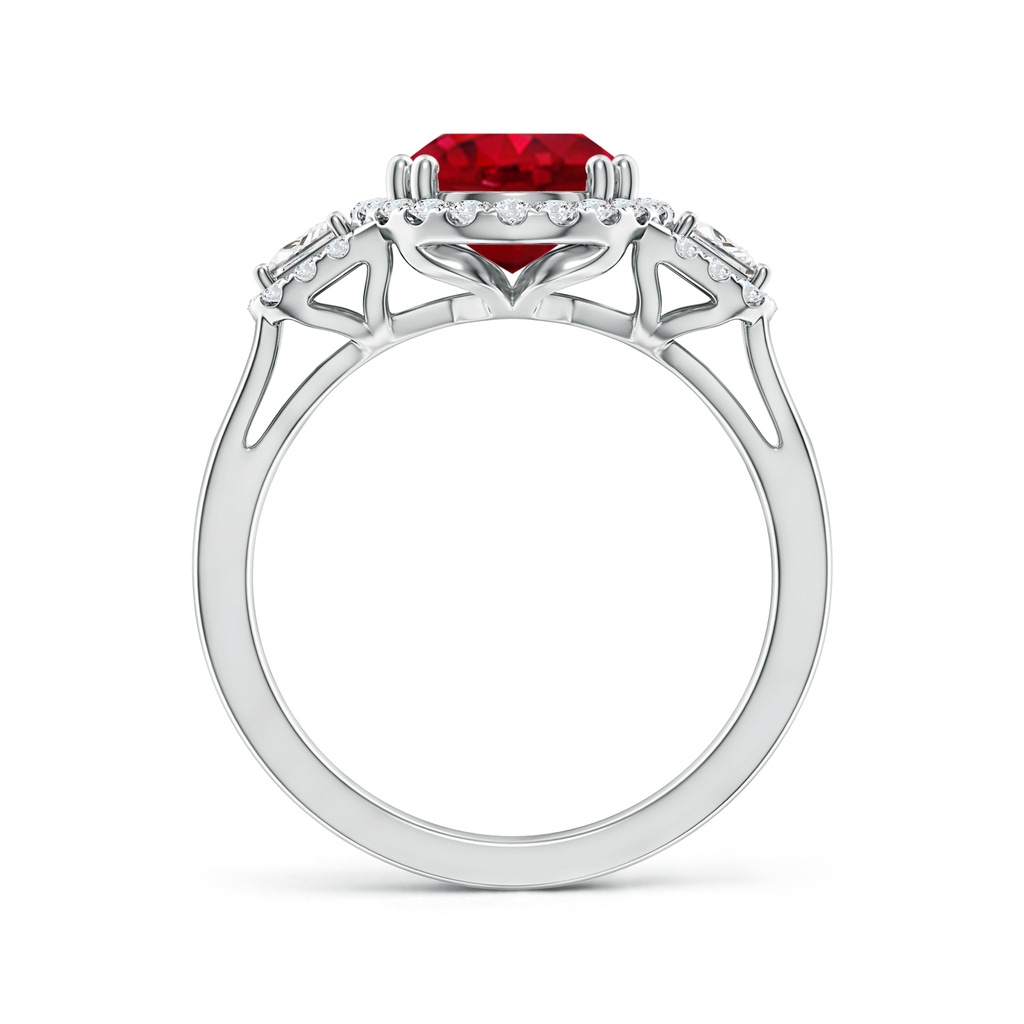 10x8mm AAA Three Stone Oval Ruby and Trapezoid Diamond Halo Engagement Ring in White Gold - side 199