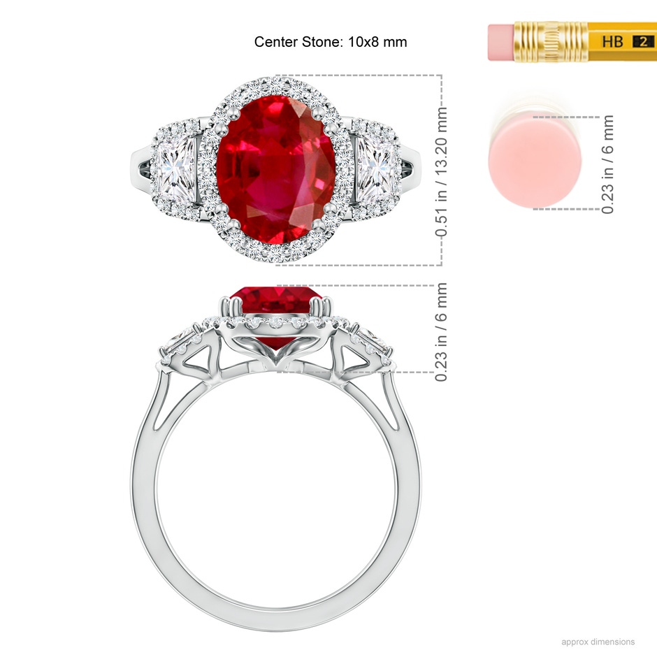 10x8mm AAA Three Stone Oval Ruby and Trapezoid Diamond Halo Engagement Ring in White Gold ruler