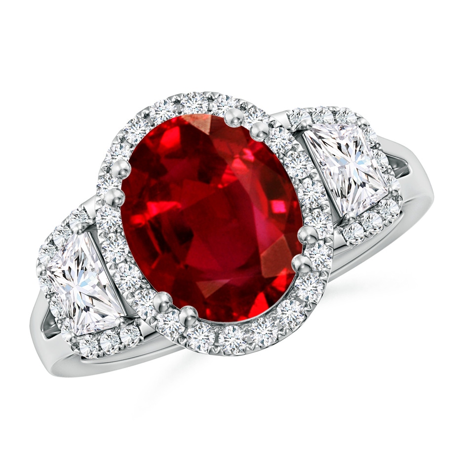 10x8mm AAAA Three Stone Oval Ruby and Trapezoid Diamond Halo Engagement Ring in P950 Platinum 