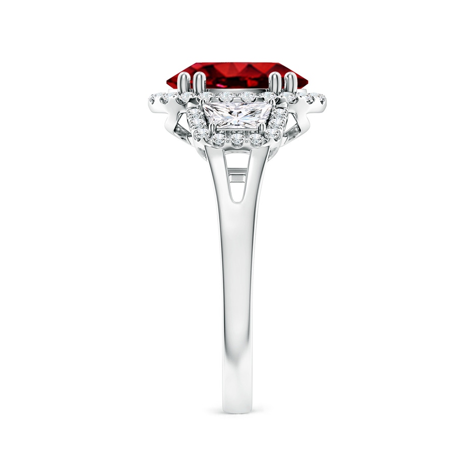 10x8mm AAAA Three Stone Oval Ruby and Trapezoid Diamond Halo Engagement Ring in P950 Platinum side 299