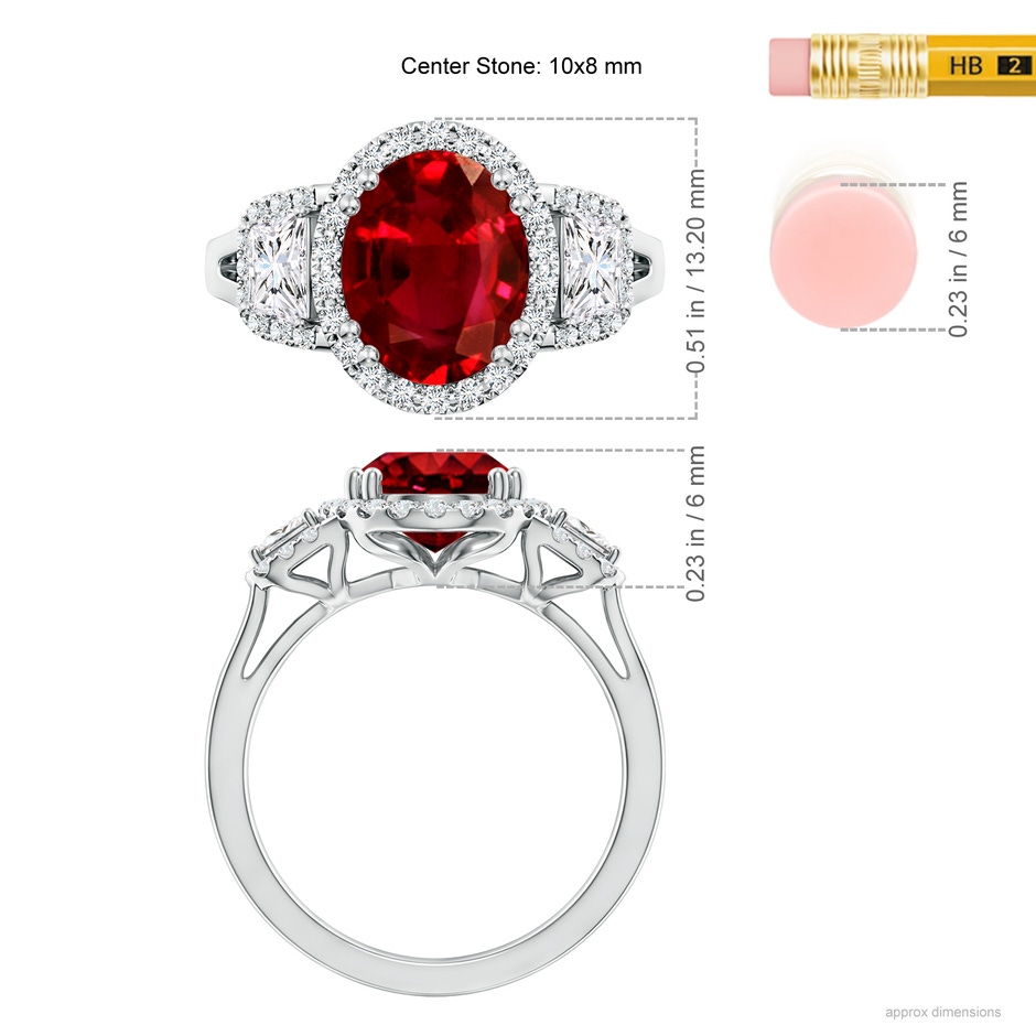 10x8mm AAAA Three Stone Oval Ruby and Trapezoid Diamond Halo Engagement Ring in P950 Platinum ruler