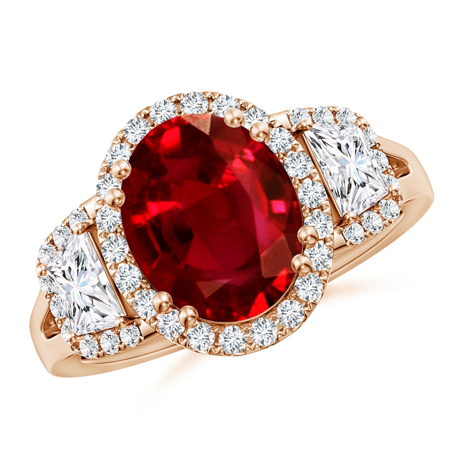 10x8mm AAAA Three Stone Oval Ruby and Trapezoid Diamond Halo Engagement Ring in Rose Gold 