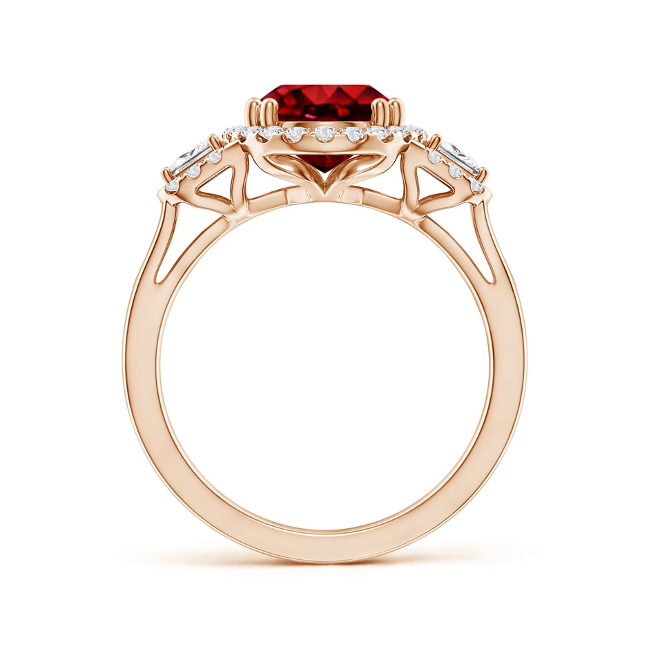 10x8mm AAAA Three Stone Oval Ruby and Trapezoid Diamond Halo Engagement Ring in Rose Gold side 199