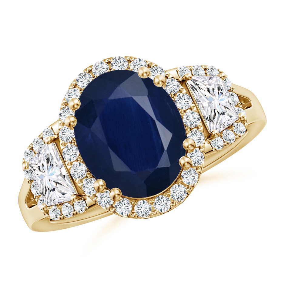 10x8mm A Three Stone Oval Blue Sapphire and Trapezoid Diamond Halo Engagement Ring in Yellow Gold 