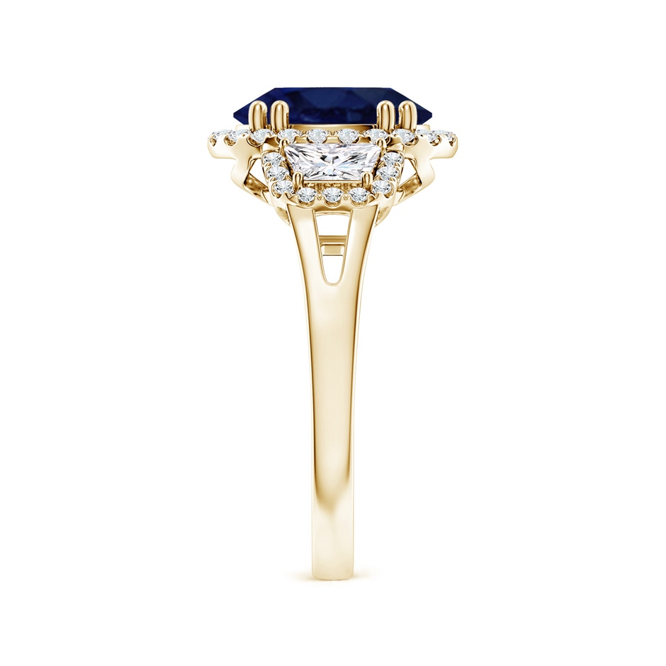 10x8mm A Three Stone Oval Blue Sapphire and Trapezoid Diamond Halo Engagement Ring in Yellow Gold side 299