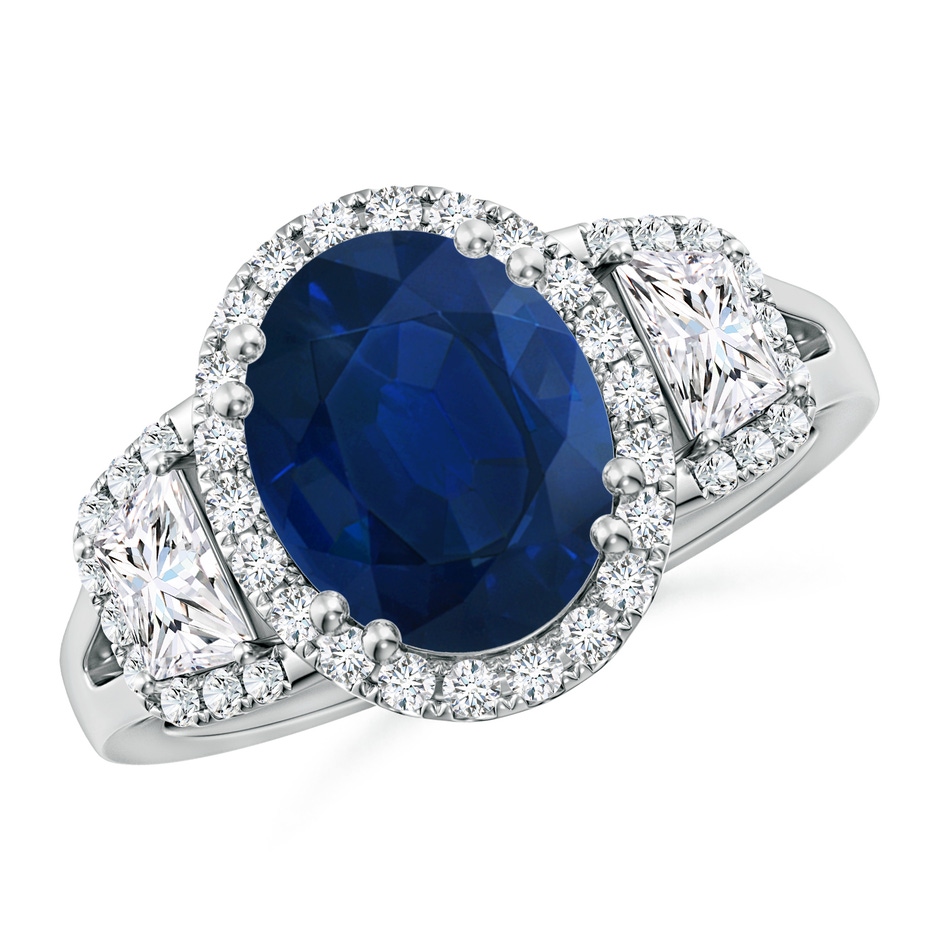 10x8mm AA Three Stone Oval Blue Sapphire and Trapezoid Diamond Halo Engagement Ring in P950 Platinum 