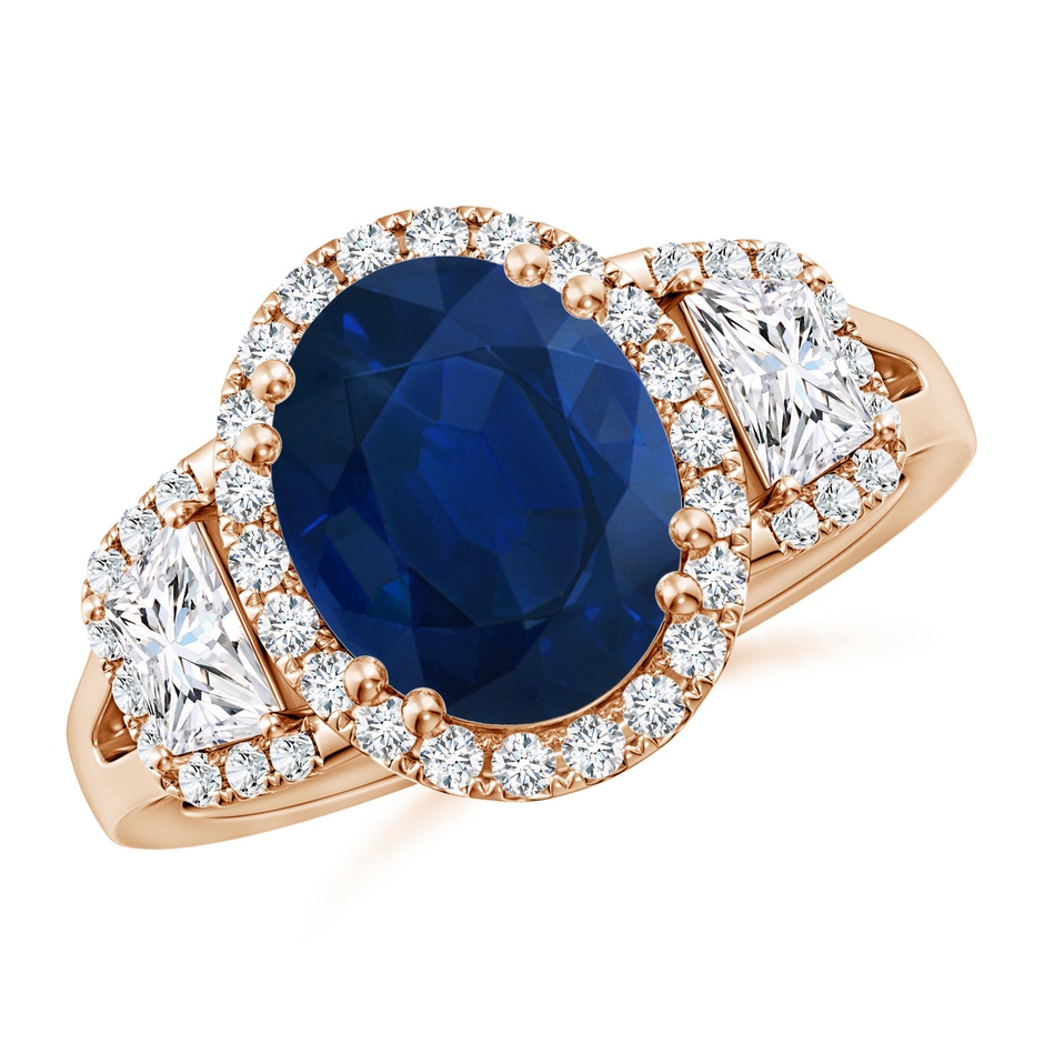 10x8mm AA Three Stone Oval Blue Sapphire and Trapezoid Diamond Halo Engagement Ring in Rose Gold 