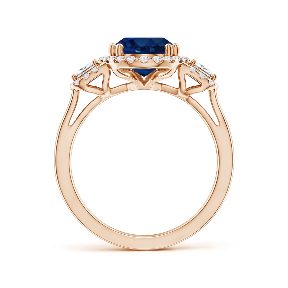 10x8mm AA Three Stone Oval Blue Sapphire and Trapezoid Diamond Halo Engagement Ring in Rose Gold side 199