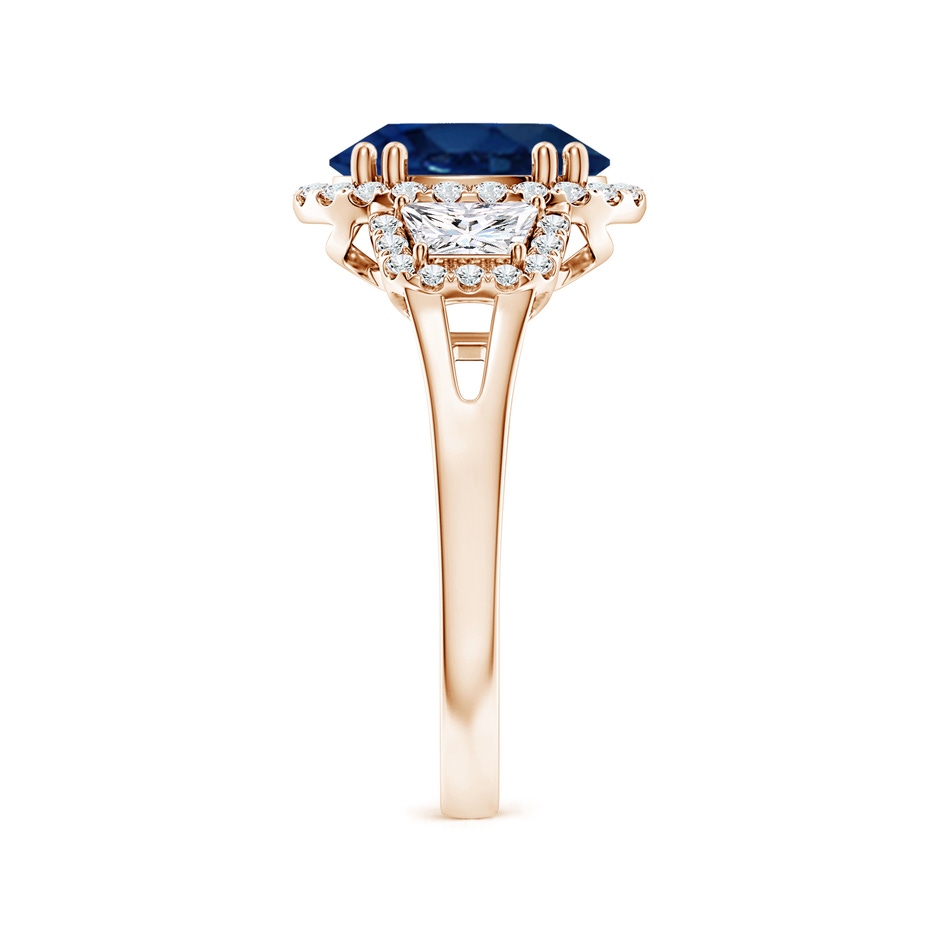 10x8mm AA Three Stone Oval Blue Sapphire and Trapezoid Diamond Halo Engagement Ring in Rose Gold side 299