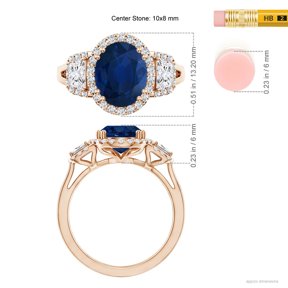 10x8mm AA Three Stone Oval Blue Sapphire and Trapezoid Diamond Halo Engagement Ring in Rose Gold ruler