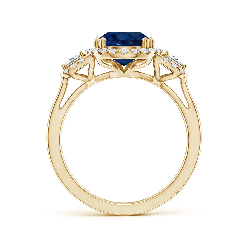 10x8mm AA Three Stone Oval Blue Sapphire and Trapezoid Diamond Halo Engagement Ring in Yellow Gold side 199