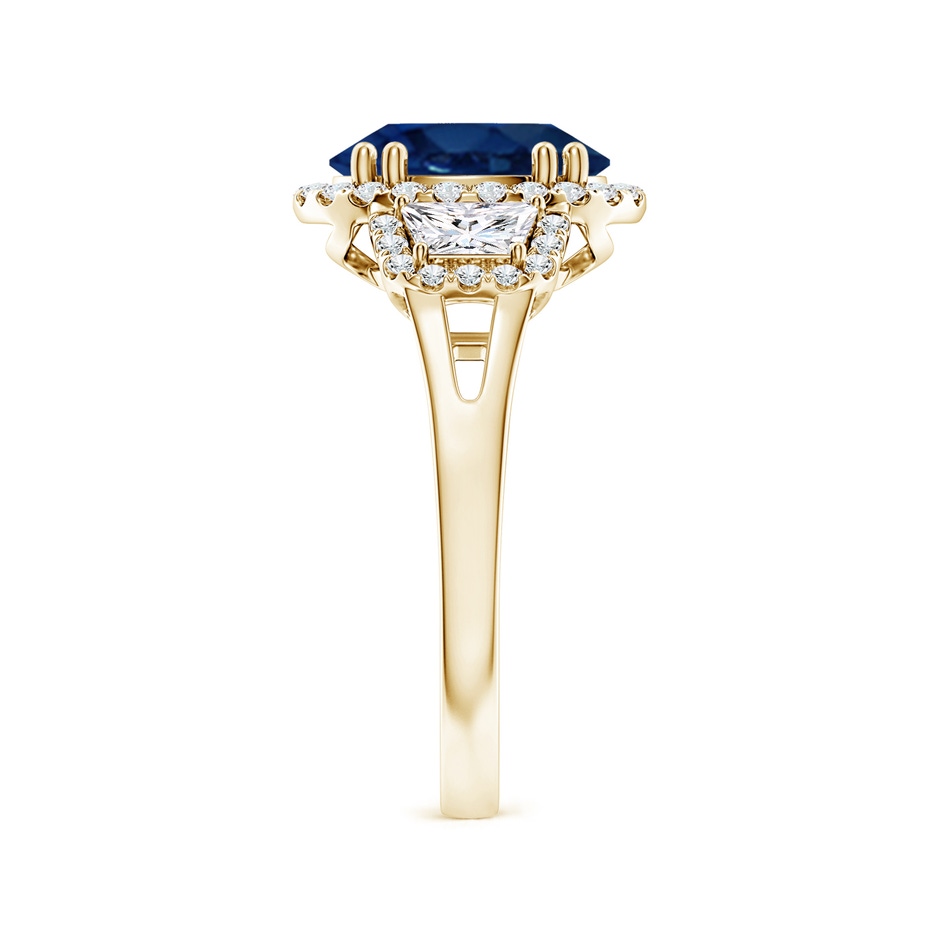 10x8mm AA Three Stone Oval Blue Sapphire and Trapezoid Diamond Halo Engagement Ring in Yellow Gold side 299