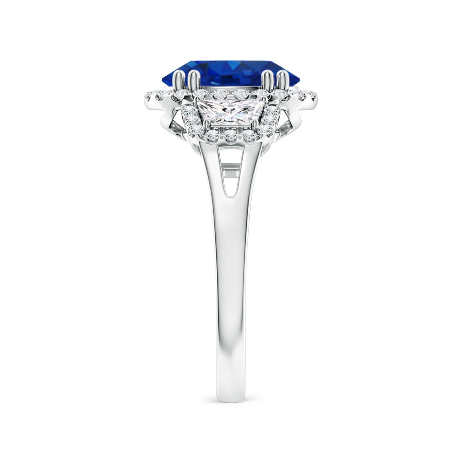 10x8mm AAA Three Stone Oval Blue Sapphire and Trapezoid Diamond Halo Engagement Ring in P950 Platinum side 299