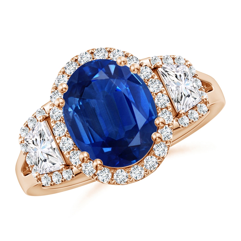 10x8mm AAA Three Stone Oval Blue Sapphire and Trapezoid Diamond Halo Engagement Ring in Rose Gold 