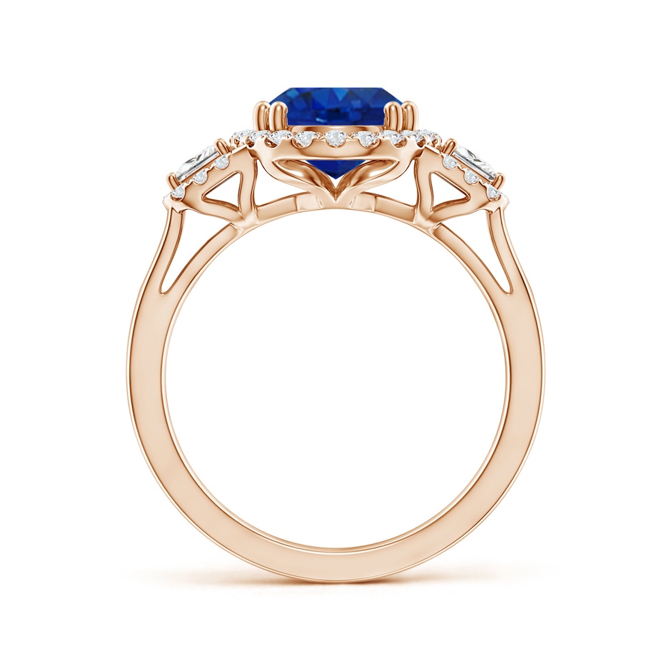 10x8mm AAA Three Stone Oval Blue Sapphire and Trapezoid Diamond Halo Engagement Ring in Rose Gold side 199
