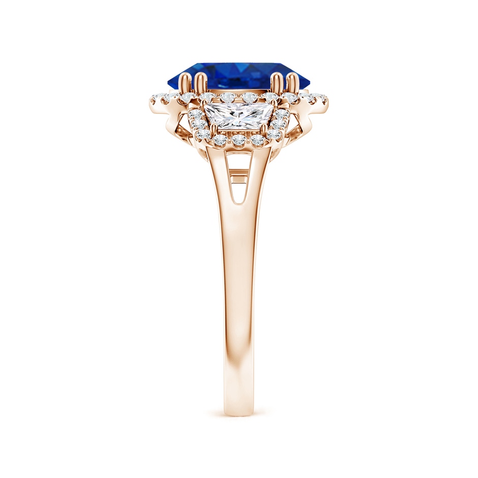 10x8mm AAA Three Stone Oval Blue Sapphire and Trapezoid Diamond Halo Engagement Ring in Rose Gold side 299