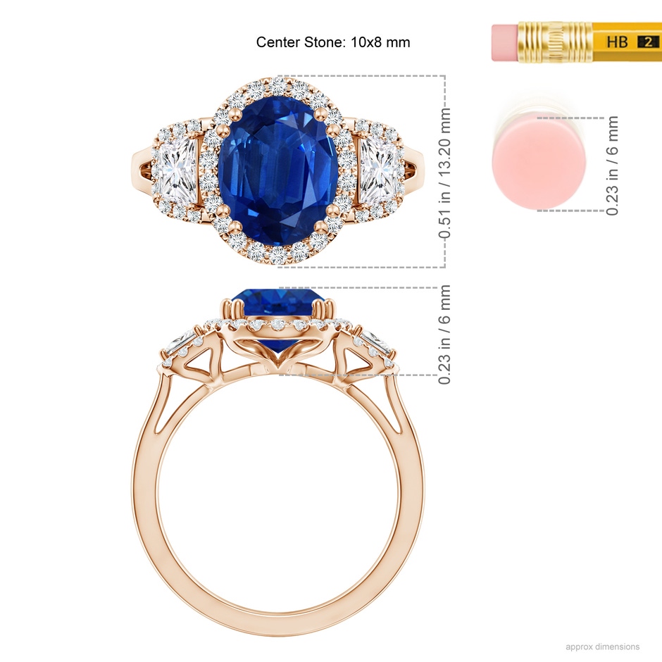 10x8mm AAA Three Stone Oval Blue Sapphire and Trapezoid Diamond Halo Engagement Ring in Rose Gold ruler