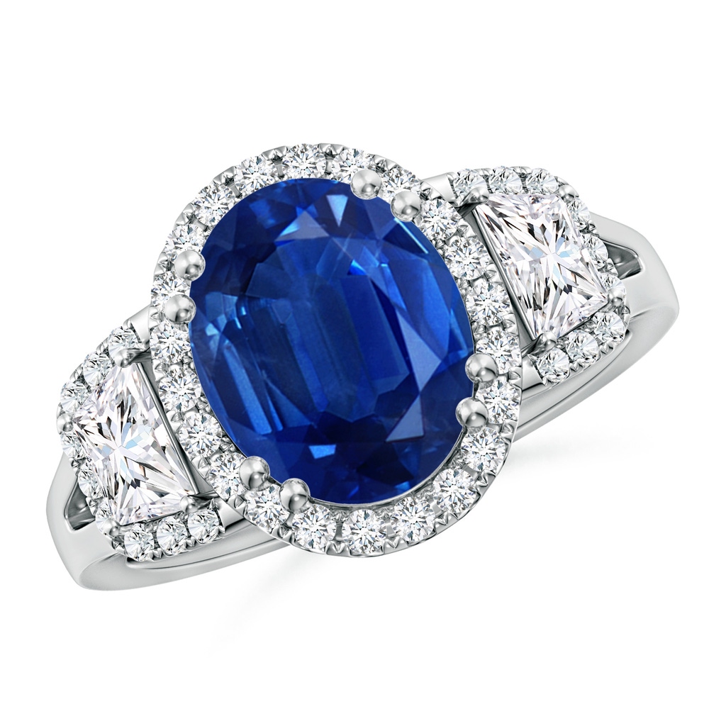 10x8mm AAA Three Stone Oval Blue Sapphire and Trapezoid Diamond Halo Engagement Ring in White Gold