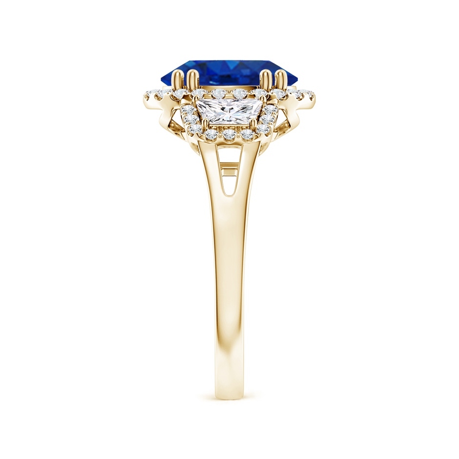 10x8mm AAA Three Stone Oval Blue Sapphire and Trapezoid Diamond Halo Engagement Ring in Yellow Gold side 299