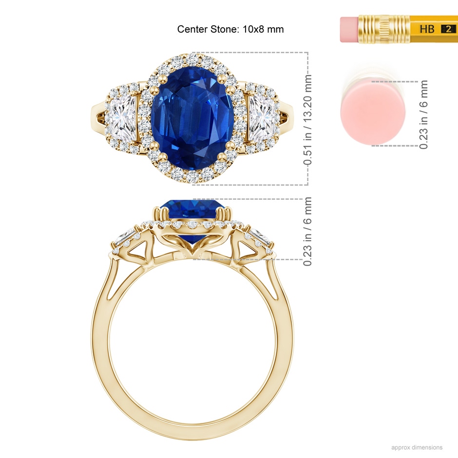 10x8mm AAA Three Stone Oval Blue Sapphire and Trapezoid Diamond Halo Engagement Ring in Yellow Gold ruler