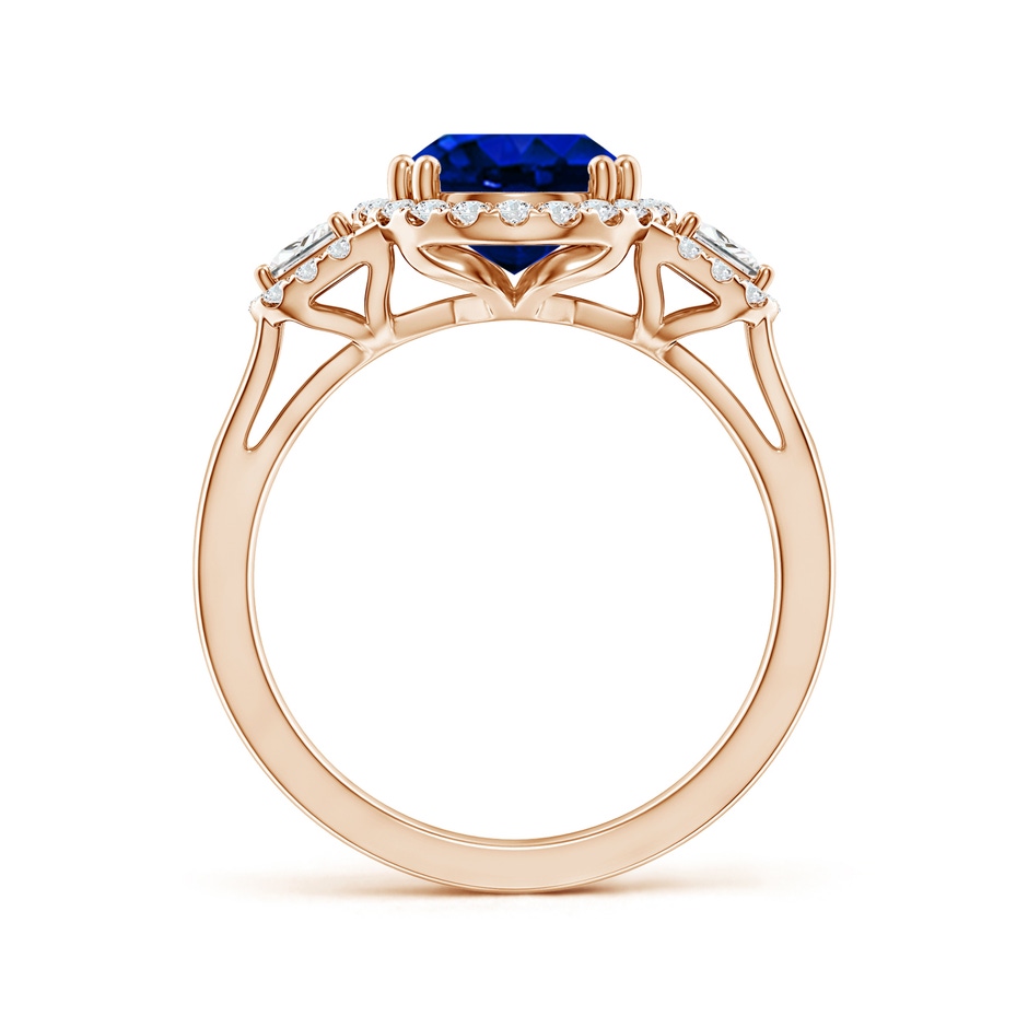 10x8mm Lab-Grown Three Stone Oval Blue Sapphire and Trapezoid Diamond Halo Engagement Ring in 18K Rose Gold side 199