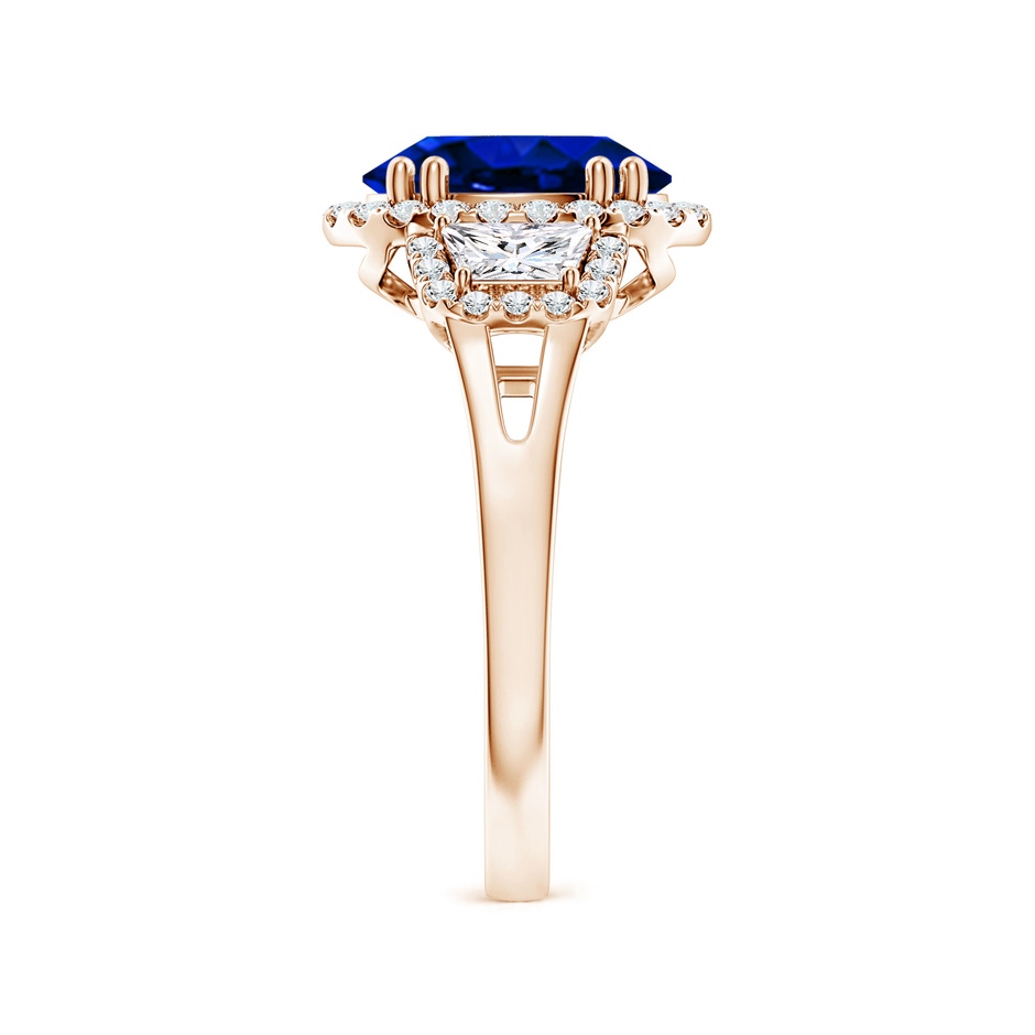 10x8mm Lab-Grown Three Stone Oval Blue Sapphire and Trapezoid Diamond Halo Engagement Ring in 18K Rose Gold side 299