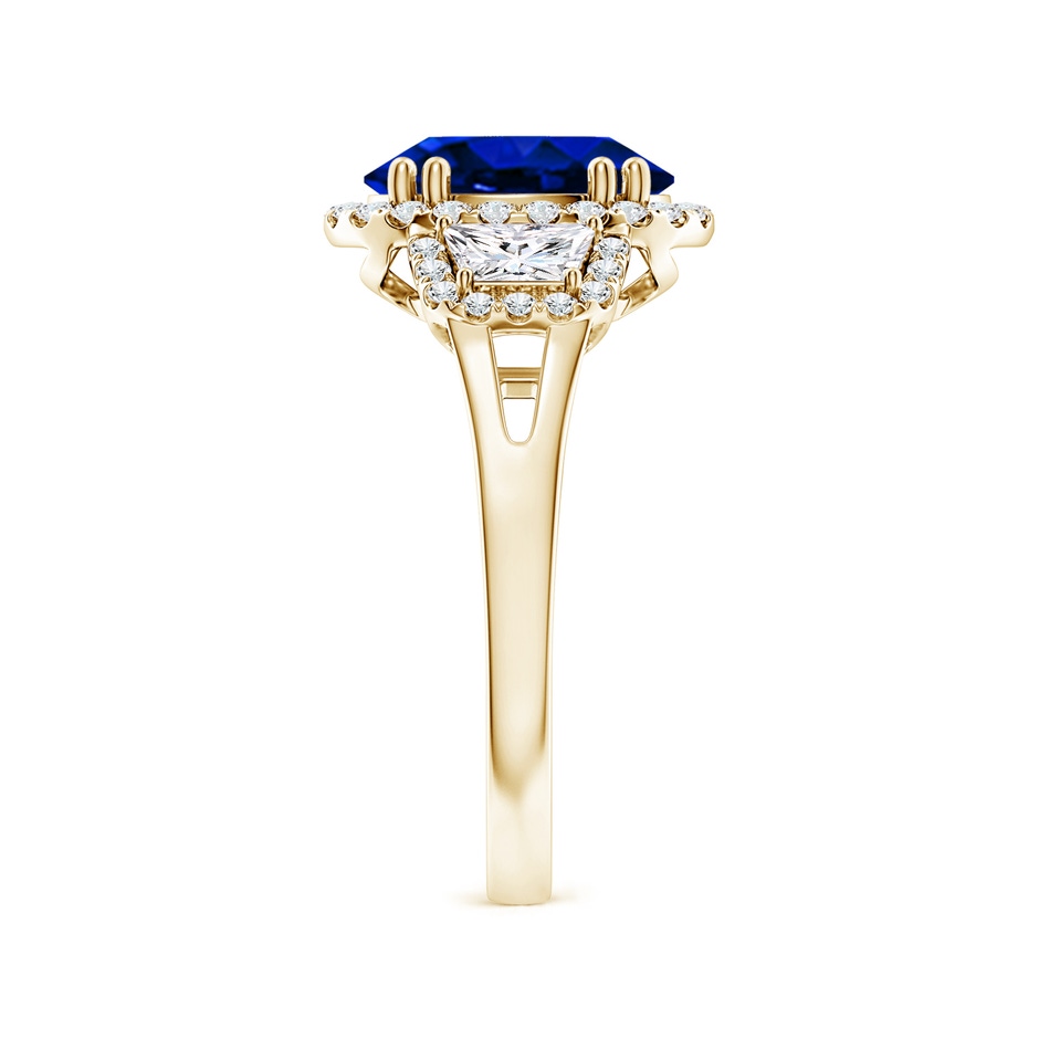 10x8mm Lab-Grown Three Stone Oval Blue Sapphire and Trapezoid Diamond Halo Engagement Ring in 18K Yellow Gold side 299