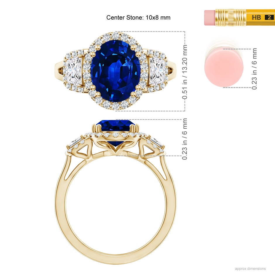 10x8mm Lab-Grown Three Stone Oval Blue Sapphire and Trapezoid Diamond Halo Engagement Ring in 18K Yellow Gold ruler