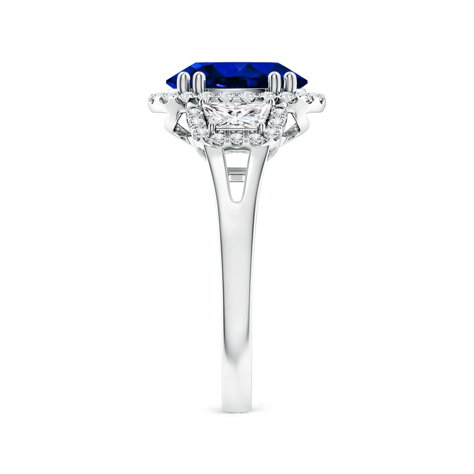 10x8mm Lab-Grown Three Stone Oval Blue Sapphire and Trapezoid Diamond Halo Engagement Ring in P950 Platinum side 299