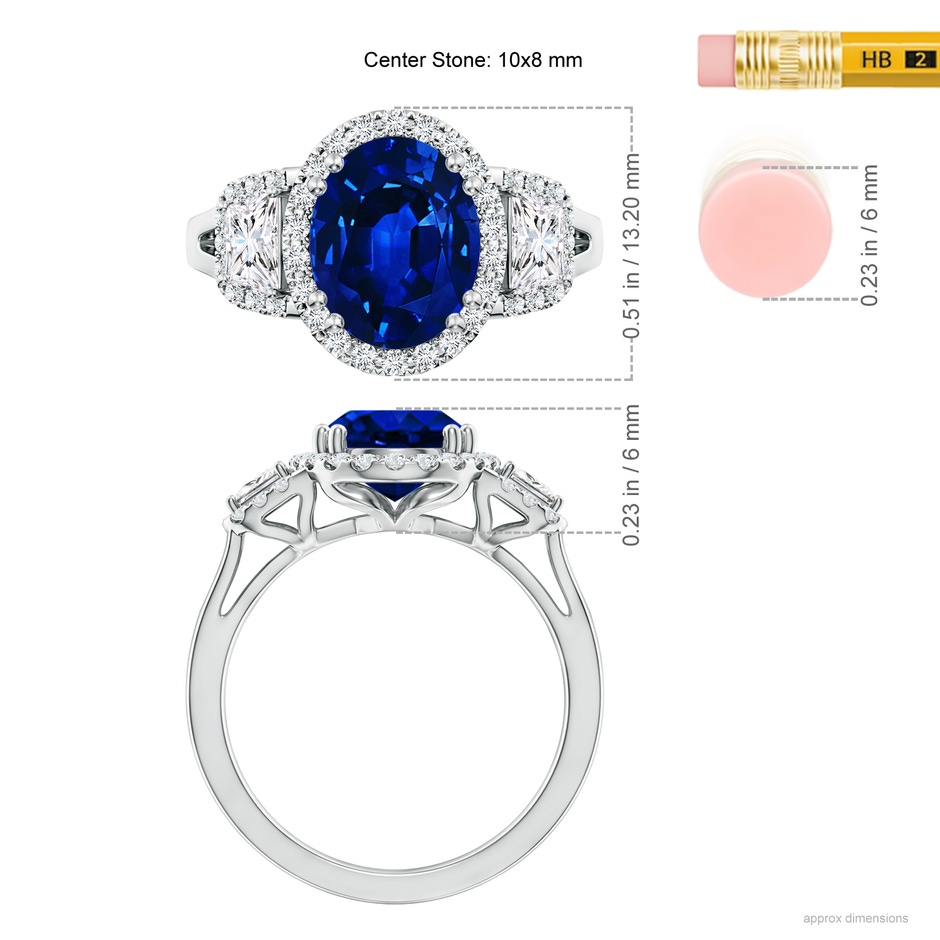 10x8mm Lab-Grown Three Stone Oval Blue Sapphire and Trapezoid Diamond Halo Engagement Ring in P950 Platinum ruler