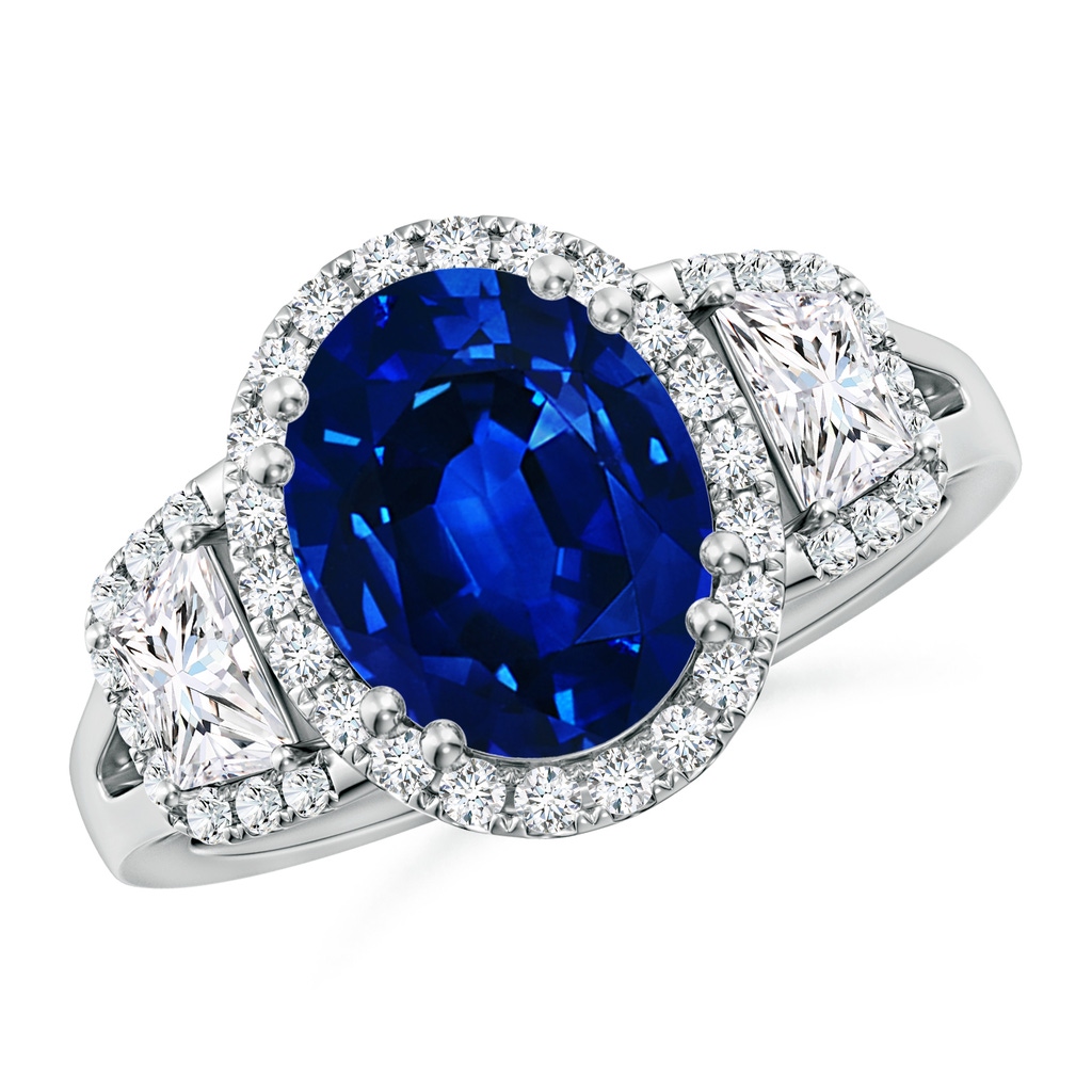 10x8mm Lab-Grown Three Stone Oval Blue Sapphire and Trapezoid Diamond Halo Engagement Ring in White Gold
