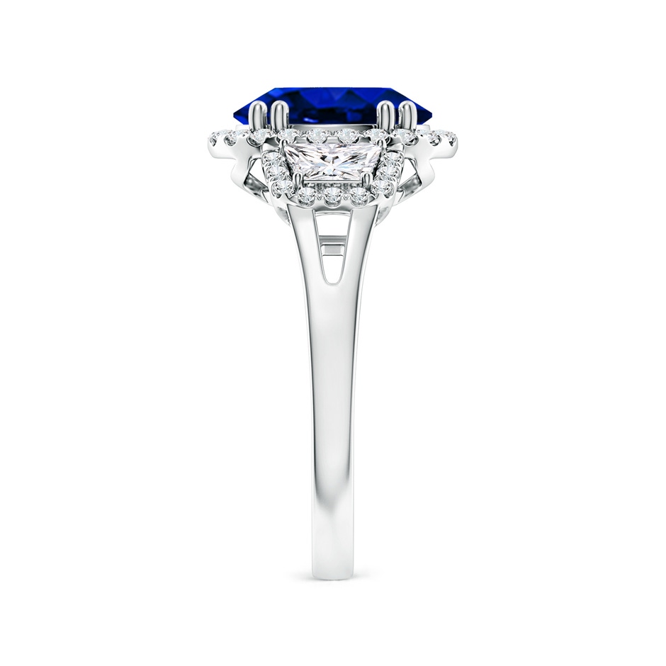 10x8mm Lab-Grown Three Stone Oval Blue Sapphire and Trapezoid Diamond Halo Engagement Ring in White Gold side 299