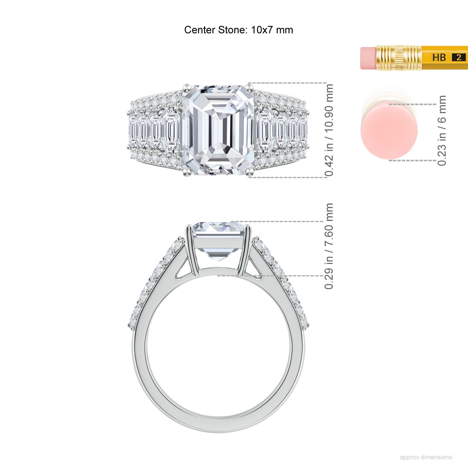 10x7mm HSI2 Emerald-Cut Diamond Broad Engagement Ring with Accents in White Gold - ruler