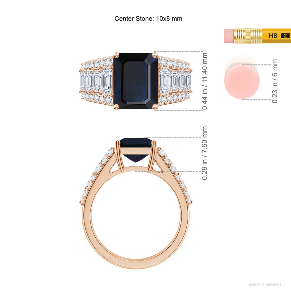 10x8mm A Emerald-Cut Blue Sapphire Broad Engagement Ring with Accents in 18K Rose Gold ruler