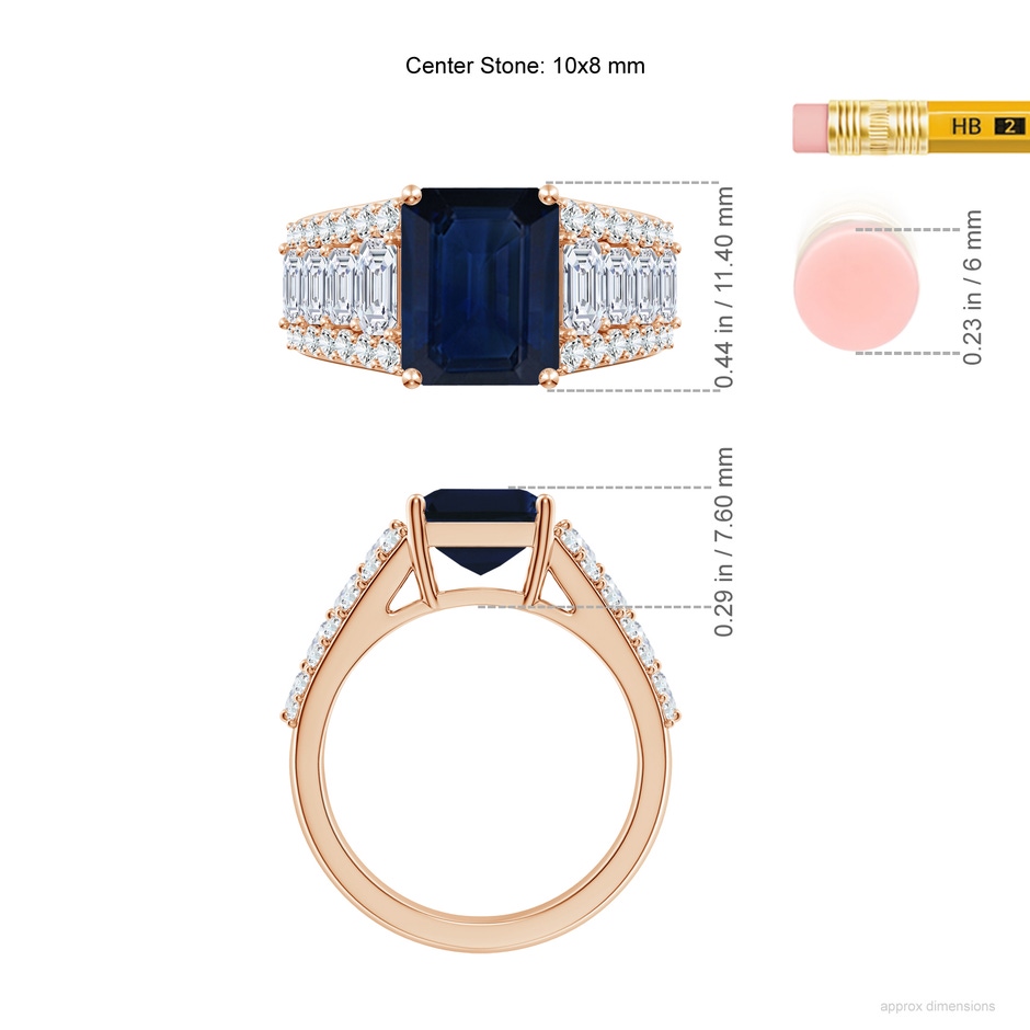 10x8mm AA Emerald-Cut Blue Sapphire Broad Engagement Ring with Accents in Rose Gold ruler