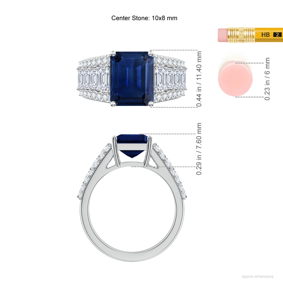 10x8mm AAA Emerald-Cut Blue Sapphire Broad Engagement Ring with Accents in 18K White Gold ruler