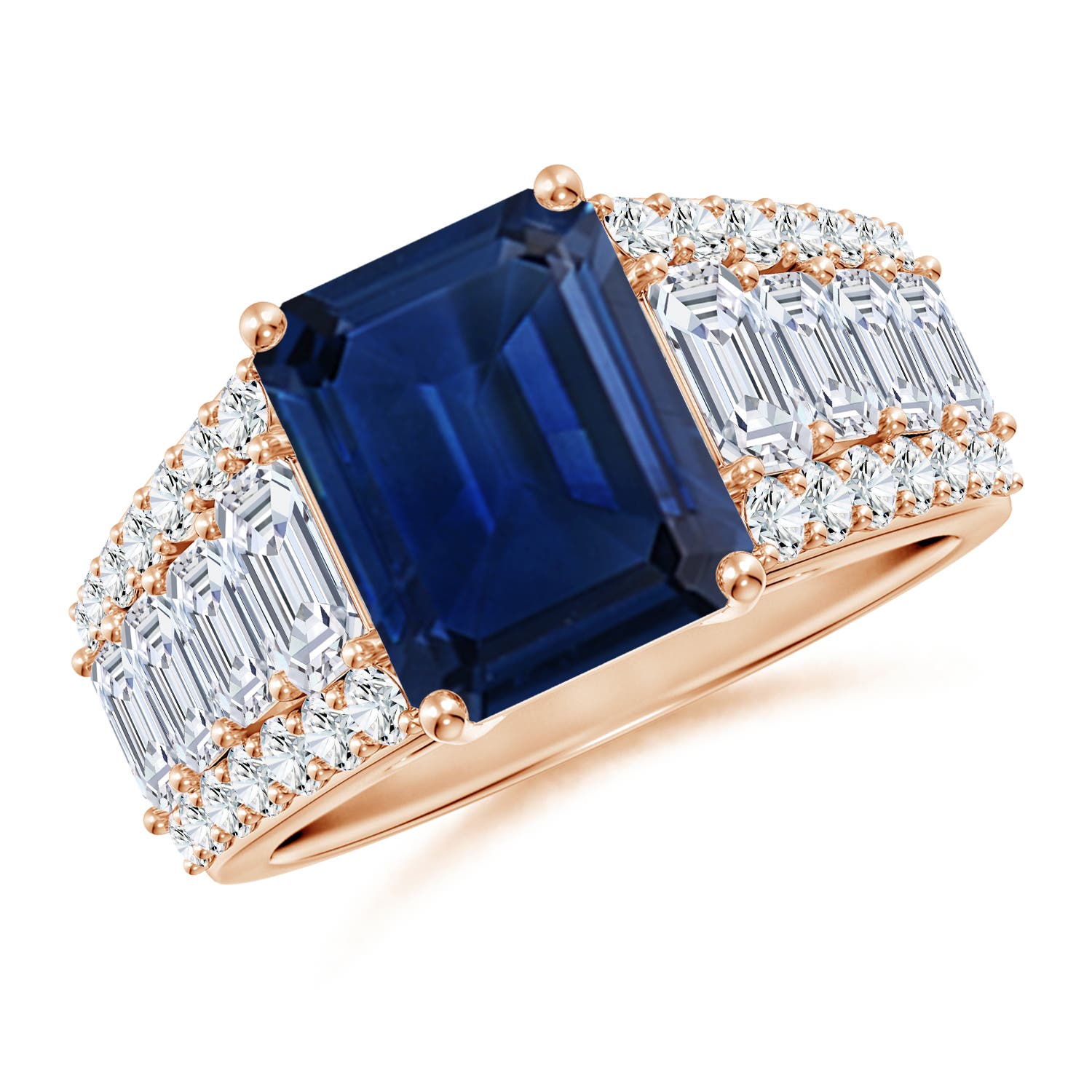 10x8mm AAA Emerald-Cut Blue Sapphire Broad Engagement Ring with Accents in Rose Gold