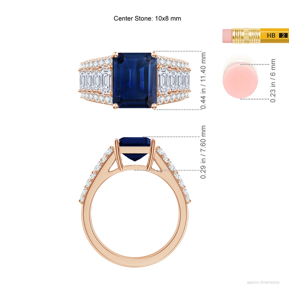 10x8mm AAA Emerald-Cut Blue Sapphire Broad Engagement Ring with Accents in Rose Gold ruler