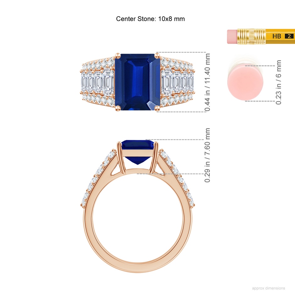 10x8mm AAAA Emerald-Cut Blue Sapphire Broad Engagement Ring with Accents in 18K Rose Gold ruler