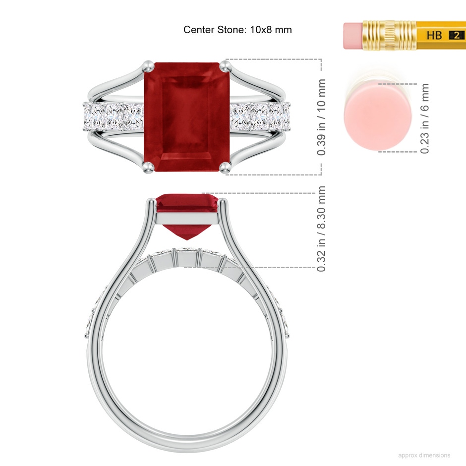 10x8mm AA Emerald-Cut Ruby Bridge Engagement Ring in White Gold ruler