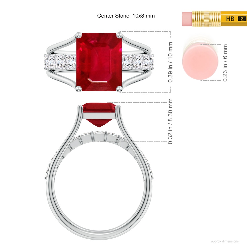 10x8mm AAA Emerald-Cut Ruby Bridge Engagement Ring in White Gold ruler