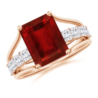 10x8mm AAAA Emerald-Cut Ruby Bridge Engagement Ring in Rose Gold