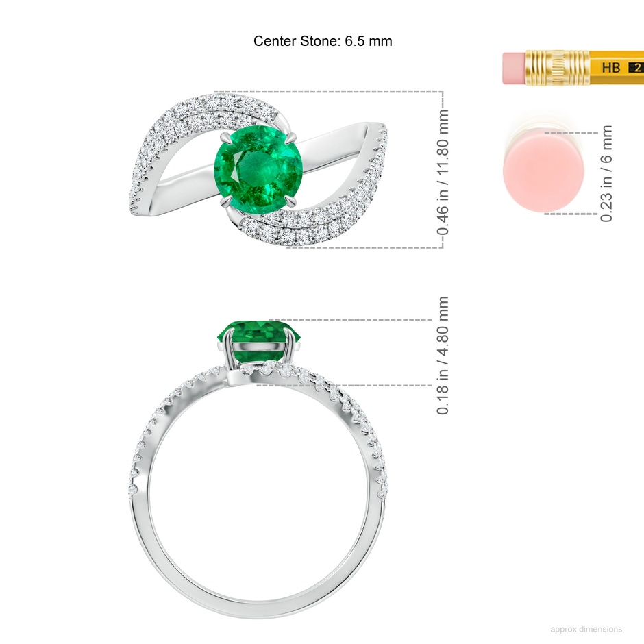 6.5mm AAA Round Emerald Curved Bypass Shank Engagement Ring in White Gold ruler