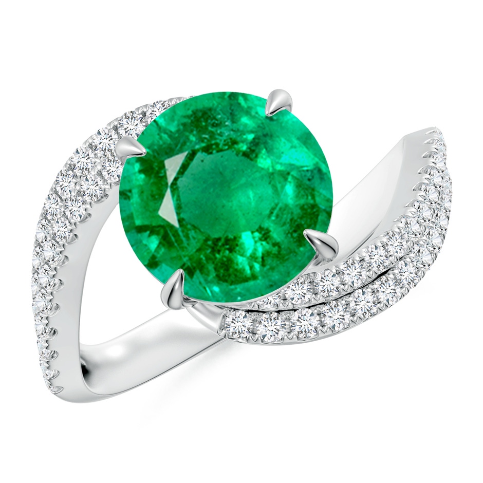 9mm AAA Round Emerald Curved Bypass Shank Engagement Ring in White Gold 