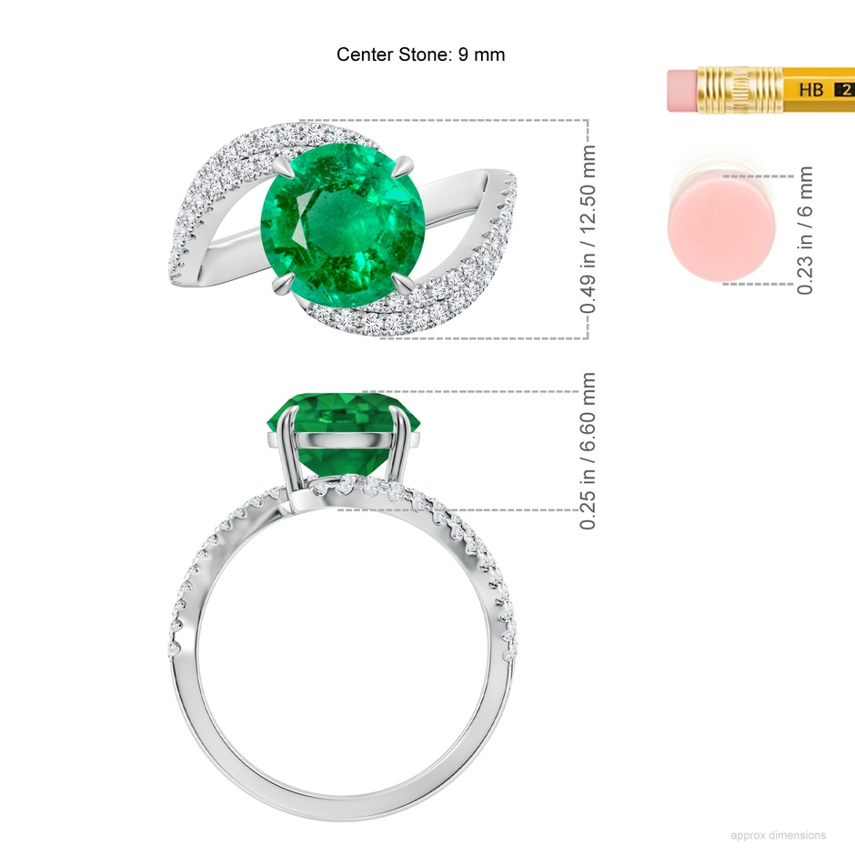 9mm AAA Round Emerald Curved Bypass Shank Engagement Ring in White Gold ruler