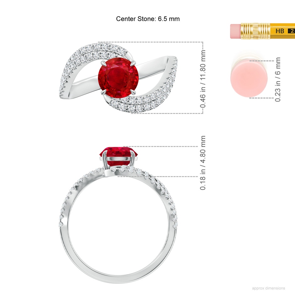 6.5mm AAA Round Ruby Curved Bypass Shank Engagement Ring in White Gold ruler