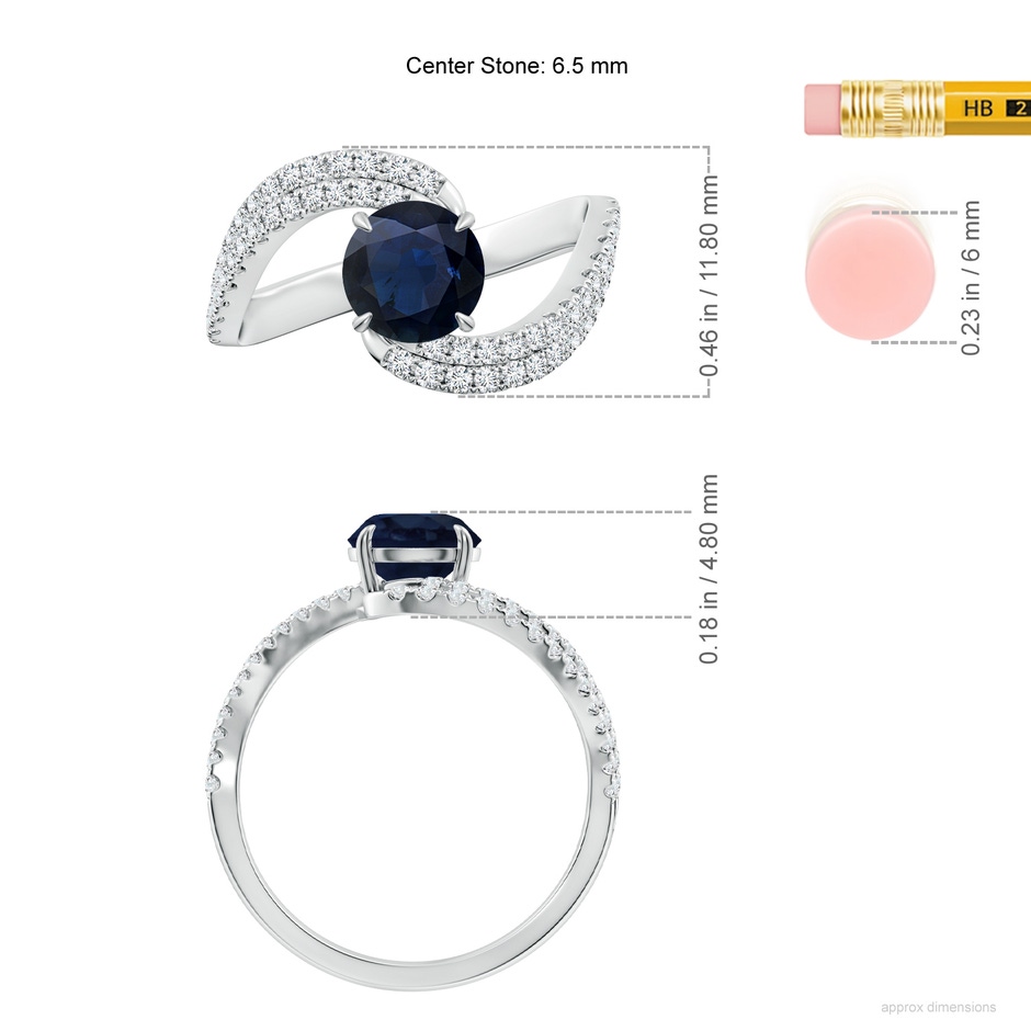6.5mm A Round Blue Sapphire Curved Bypass Shank Engagement Ring in 18K White Gold ruler